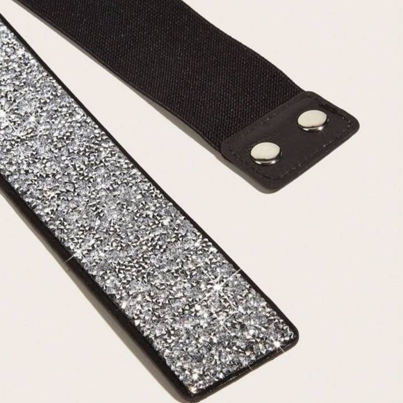 NEW Rhinestone Bling Sparkle silver and black elastic Belt - Picture 3 of 4